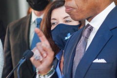 NY Governor Hochul and newly elected NYC Mayor Adams have their first public press conference together on 141 Fulton Street, to speak about homelessness and new social work implementations to thwart it as well as police deployment into the subways in NYC and the 5 boroughs. They also introduced the first female police commissioner of the NYPD, Keechant Sewell. 
January 6, 2022.
Manhattan, NYC (C) Bianca Otero