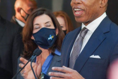 NY Governor Hochul and newly elected NYC Mayor Adams have their first public press conference together on 141 Fulton Street, to speak about homelessness and new social work implementations to thwart it as well as police deployment into the subways in NYC and the 5 boroughs. They also introduced the first female police commissioner of the NYPD, Keechant Sewell. 
January 6, 2022.
Manhattan, NYC (C) Bianca Otero