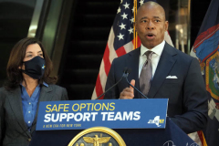 New York Mayor Eric Adams is joined by Governor Kathy Hochul as he speaks during a news conference at a Manhattan subway station where the two politicians announced a new plan to fight homelessness in New York on January 06, 2022. Among other initiatives, the city will increase the presence of outreach workers and police on subways to get homeless out of the trains and into shelters. According to the Coalition for the Homeless, New York City has reached the highest levels since the Great Depression of the 1930s.