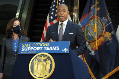 New York Mayor Eric Adams is joined by Governor Kathy Hochul as he speaks during a news conference at a Manhattan subway station where the two politicians announced a new plan to fight homelessness in New York on January 06, 2022. Among other initiatives, the city will increase the presence of outreach workers and police on subways to get homeless out of the trains and into shelters. According to the Coalition for the Homeless, New York City has reached the highest levels since the Great Depression of the 1930s.
