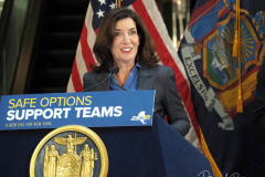 New York Mayor Eric Adams is joined by Governor Kathy Hochul as he speaks during a news conference at a Manhattan subway station where the two politicians announced a new plan to fight homelessness in New York on January 06, 2022. Among other initiatives, the city will increase the presence of outreach workers and police on subways to get homeless out of the trains and into shelters. According to the Coalition for the Homeless, New York City has reached the highest levels since the Great Depression of the 1930s.