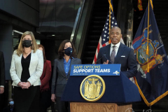 New York Governor Kathy Hochul is joined by Mayor Eric Adams Kathryn Garcia (Director of State Operations) and NYPD Police Commissioner Keechant Sewell at a news conference at a Manhattan subway station where the two politicians announced a new plan to fight homelessness in New York on January 06, 2022 in New York City. Among other initiatives, the city will increase the presence of outreach workers and police on subways to get the homeless out of the trains and into shelters. According to the Coalition for the Homeless, New York City has reached the highest levels since the Great Depression of the 1930s