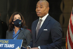 New York Mayor Eric Adams is joined by Governor Kathy Hochul as he speaks during a news conference at a Manhattan subway station where the two politicians announced a new plan to fight homelessness in New York on January 06, 2022. Among other initiatives, the city will increase the presence of outreach workers and police on subways to get homeless out of the trains and into shelters. According to the Coalition for the Homeless, New York City has reached the highest levels since the Great Depression of the 1930s.