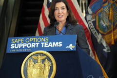 New York Mayor Eric Adams is joined by Governor Kathy Hochul as he speaks during a news conference at a Manhattan subway station where the two politicians announced a new plan to fight homelessness in New York on January 06, 2022. Among other initiatives, the city will increase the presence of outreach workers and police on subways to get homeless out of the trains and into shelters. According to the Coalition for the Homeless, New York City has reached the highest levels since the Great Depression of the 1930s.