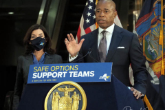 New York Mayor Eric Adams is joined by Governor Kathy Hochul as he speaks during a news conference at a Manhattan subway station where the two politicians announced a new plan to fight homelessness in New York on January 06, 2022. Among other initiatives, the city will increase the presence of outreach workers and police on subways to get homeless out of the trains and into shelters. According to the Coalition for the Homeless, New York City has reached the highest levels since the Great Depression of the 1930s.