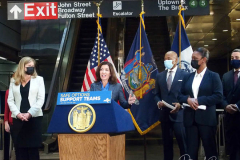 New York Governor Kathy Hochul is joined by Mayor Eric Adams Kathryn Garcia (Director of State Operations) and NYPD Police Commissioner Keechant Sewell at a news conference at a Manhattan subway station where the two politicians announced a new plan to fight homelessness in New York on January 06, 2022 in New York City. Among other initiatives, the city will increase the presence of outreach workers and police on subways to get the homeless out of the trains and into shelters. According to the Coalition for the Homeless, New York City has reached the highest levels since the Great Depression of the 1930s