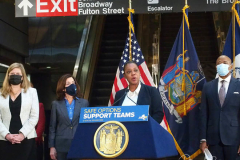 The new Police Commissioner Keechant Sewell joins Mayor Eric Adams and Governor Kathy Hochul at a news conference at a Manhattan subway station where a new plan was announced to fight homelessness in New York on January 06, 2022 in New York City. Among other initiatives, the city will increase the presence of outreach workers and police on subways to get homeless out of the trains and into shelters. According to the Coalition for the Homeless, New York City has reached the highest levels since the Great Depression of the 1930s.