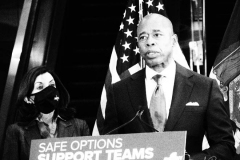 New York Mayor Eric Adams is joined by Governor Kathy Hochul as he speaks during a news conference at a Manhattan subway station where the two politicians announced a new plan to fight homelessness in New York on January 06, 2022. Among other initiatives, the city will increase the presence of outreach workers and police on subways to get homeless out of the trains and into shelters. According to the Coalition for the Homeless, New York City has reached the highest levels since the Great Depression of the 1930s.