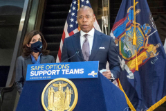 New York Mayor Eric Adams is joined by Governor Kathy Hochul as he speaks during a news conference at a Manhattan subway station where the two politicians announced a new plan to fight homelessness in New York on January 06, 2022. Among other initiatives, the city will increase the presence of outreach workers and police on subways to get homeless out of the trains and into shelters. According to the Coalition for the Homeless, New York City has reached the highest levels since the Great Depression of the 1930s.