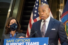 New York Mayor Eric Adams is joined by Governor Kathy Hochul as he speaks during a news conference at a Manhattan subway station where the two politicians announced a new plan to fight homelessness in New York on January 06, 2022. Among other initiatives, the city will increase the presence of outreach workers and police on subways to get homeless out of the trains and into shelters. According to the Coalition for the Homeless, New York City has reached the highest levels since the Great Depression of the 1930s.
