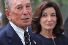 Michael Bloomberg, founder of Bloomberg LP and former Mayor of New York City and Kathy Hochul, Governor of New York, speak during a news conference at the National September 11 Memorial & Museum in New York, U.S., on Wednesday, Sept. 8, 2021. This year marks the 20th anniversary of the attacks on the World Trade Center towers in New York.