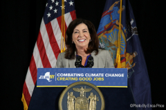 Governor Kathy Hochul today signed a legislative package of three bills that will strengthen New York's commitment to clean energy development and energy efficiency, while reducing greenhouse gas emissions. The Governor signed the bills at Newlab headquarters in Brooklyn alongside State Senator Kevin Parker (district 21), State Senator Jessica Ramos, Assemblymember Pat Fahy, Assemblymember Latoya Joyner, and key labor leaders and climate advocates. On July 5, 2022, in Brooklyn, NY, at the Brooklyn Navy Yard. Photo by Erica Price