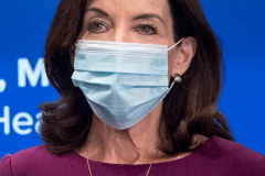 Governor Kathy Hochul, wearing a necklace that says "vaxed" updated New Yorkers on the state's progress combating COVID-19 during a press conference at her office in New York City on 02 Dec 2021
