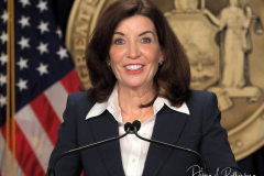 New York State Governor Kathy Hochul speaks during a Covid-19 press conference on 09 Feb 2022. Governor Hochul announced the end of the New York state indoor mask mandate, effective tomorrow February 10th. Masks will still be required at schools, nursing homes, hospitals, bus and train stations. The mask mandate for schools will be evaluated upon return from winter break.