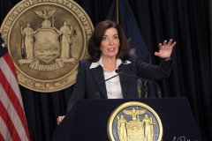 New York State Governor Kathy Hochul speaks during a Covid-19 press conference on 09 Feb 2022. Governor Hochul announced the end of the New York state indoor mask mandate, effective tomorrow February 10th. Masks will still be required at schools, nursing homes, hospitals, bus and train stations. The mask mandate for schools will be evaluated upon return from winter break.