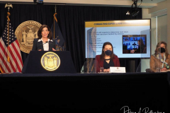 : New York State Governor Kathy Hochul (R) looks on as New York State Department of Health Commissioner Dr. Mary Bassett and Kathryn Garcia, New York State Department of State Operations speaks during a Covid-19 press conference on 09 Feb 2022. Governor Hochul announced the end of the New York state indoor mask mandate, effective tomorrow February 10th. Masks will still be required at schools, nursing homes, hospitals, bus and train stations. The mask mandate for schools will be evaluated upon return from winter break.