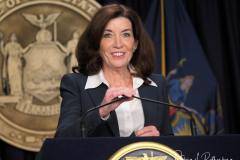 New York State Governor Kathy Hochul speaks during a Covid-19 press conference on 09 Feb 2022. Governor Hochul announced the end of the New York state indoor mask mandate, effective tomorrow February 10th. Masks will still be required at schools, nursing homes, hospitals, bus and train stations. The mask mandate for schools will be evaluated upon return from winter break.