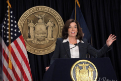 New York State Governor Kathy Hochul speaks during a Covid-19 press conference on 09 Feb 2022. Governor Hochul announced the end of the New York state indoor mask mandate, effective tomorrow February 10th. Masks will still be required at schools, nursing homes, hospitals, bus and train stations. The mask mandate for schools will be evaluated upon return from winter break.