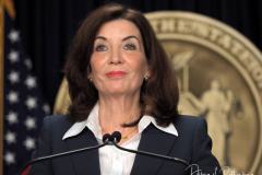 New York State Governor Kathy Hochul speaks during a Covid-19 press conference on 09 Feb 2022. Governor Hochul announced the end of the New York state indoor mask mandate, effective tomorrow February 10th. Masks will still be required at schools, nursing homes, hospitals, bus and train stations. The mask mandate for schools will be evaluated upon return from winter break.