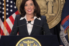 New York State Governor Kathy Hochul speaks during a Covid-19 press conference on 09 Feb 2022. Governor Hochul announced the end of the New York state indoor mask mandate, effective tomorrow February 10th. Masks will still be required at schools, nursing homes, hospitals, bus and train stations. The mask mandate for schools will be evaluated upon return from winter break.