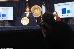 February 9, 2022  New York   Gov. Kathy Hochul  in a press conference today in her N.Y.C. office said she is lifting the state’s business mask mandate on Thursday February 10,2022 as New York emerges from a deadly wave of Omicron cases — but will still require them in schools for now.