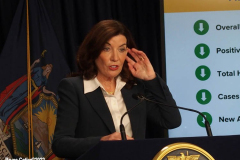 February 9, 2022  New York   Gov. Kathy Hochul  in a press conference today in her N.Y.C. office said she is lifting the state’s business mask mandate on Thursday February 10,2022 as New York emerges from a deadly wave of Omicron cases — but will still require them in schools for now.