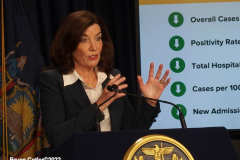 February 9, 2022  New York   Gov. Kathy Hochul  in a press conference today in her N.Y.C. office said she is lifting the state’s business mask mandate on Thursday February 10,2022 as New York emerges from a deadly wave of Omicron cases — but will still require them in schools for now.
