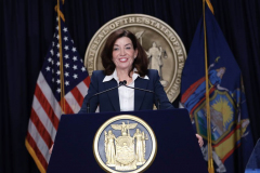 New York State Governor Kathy Hochul speaks during a Covid-19 press conference on 09 Feb 2022. Governor Hochul announced the end of the New York state indoor mask mandate, effective tomorrow February 10th. Masks will still be required at schools, nursing homes, hospitals, bus and train stations. The mask mandate for schools will be evaluated upon return from winter break.