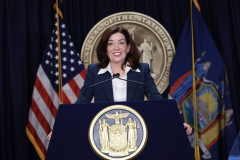 New York State Governor Kathy Hochul speaks during a Covid-19 press conference on 09 Feb 2022. Governor Hochul announced the end of the New York state indoor mask mandate, effective tomorrow February 10th. Masks will still be required at schools, nursing homes, hospitals, bus and train stations. The mask mandate for schools will be evaluated upon return from winter break.