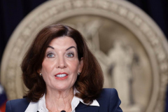 New York State Governor Kathy Hochul speaks during a Covid-19 press conference on 09 Feb 2022. Governor Hochul announced the end of the New York state indoor mask mandate, effective tomorrow February 10th. Masks will still be required at schools, nursing homes, hospitals, bus and train stations. The mask mandate for schools will be evaluated upon return from winter break.