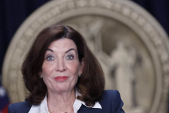 New York State Governor Kathy Hochul speaks during a Covid-19 press conference on 09 Feb 2022. Governor Hochul announced the end of the New York state indoor mask mandate, effective tomorrow February 10th. Masks will still be required at schools, nursing homes, hospitals, bus and train stations. The mask mandate for schools will be evaluated upon return from winter break.