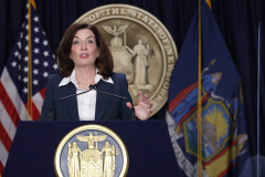 New York State Governor Kathy Hochul speaks during a Covid-19 press conference on 09 Feb 2022. Governor Hochul announced the end of the New York state indoor mask mandate, effective tomorrow February 10th. Masks will still be required at schools, nursing homes, hospitals, bus and train stations. The mask mandate for schools will be evaluated upon return from winter break.