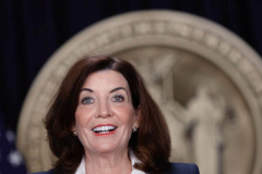 New York State Governor Kathy Hochul speaks during a Covid-19 press conference on 09 Feb 2022. Governor Hochul announced the end of the New York state indoor mask mandate, effective tomorrow February 10th. Masks will still be required at schools, nursing homes, hospitals, bus and train stations. The mask mandate for schools will be evaluated upon return from winter break.