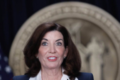 New York State Governor Kathy Hochul speaks during a Covid-19 press conference on 09 Feb 2022. Governor Hochul announced the end of the New York state indoor mask mandate, effective tomorrow February 10th. Masks will still be required at schools, nursing homes, hospitals, bus and train stations. The mask mandate for schools will be evaluated upon return from winter break.