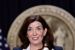 New York State Governor Kathy Hochul speaks during a Covid-19 press conference on 09 Feb 2022. Governor Hochul announced the end of the New York state indoor mask mandate, effective tomorrow February 10th. Masks will still be required at schools, nursing homes, hospitals, bus and train stations. The mask mandate for schools will be evaluated upon return from winter break.