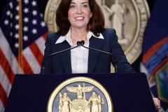 New York State Governor Kathy Hochul speaks during a Covid-19 press conference on 09 Feb 2022. Governor Hochul announced the end of the New York state indoor mask mandate, effective tomorrow February 10th. Masks will still be required at schools, nursing homes, hospitals, bus and train stations. The mask mandate for schools will be evaluated upon return from winter break.