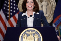 New York State Governor Kathy Hochul speaks during a Covid-19 press conference on 09 Feb 2022. Governor Hochul announced the end of the New York state indoor mask mandate, effective tomorrow February 10th. Masks will still be required at schools, nursing homes, hospitals, bus and train stations. The mask mandate for schools will be evaluated upon return from winter break.