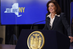 New York State Governor Kathy Hochul speaks during a Covid-19 press conference on 09 Feb 2022. Governor Hochul announced the end of the New York state indoor mask mandate, effective tomorrow February 10th. Masks will still be required at schools, nursing homes, hospitals, bus and train stations. The mask mandate for schools will be evaluated upon return from winter break.