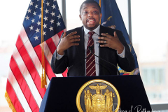 NY State Lt. Governor Brian Benjamin speaks at the completion of the $700 million Taystee Lab Building, an 11-story, 350,000 square feet mixed-use development located in West Harlem's Manhattanville Factory District in New York City on 01 March 2022. The former Taystee Bakery site has been repurposed and reimagined as the Taystee Lab Building, a brand-new, Class-A, LEED-certified life sciences building. 
New York State Governor Kathy Hochul announced the completion of the $700 million Taystee Lab Building, an 11-story, 350,000 square feet mixed-use development located in West Harlem's Manhattanville Factory District in New York City on 01 March 2022. The former Taystee Bakery site has been repurposed and reimagined as the Taystee Lab Building, a brand-new, Class-A, LEED-certified life sciences building.