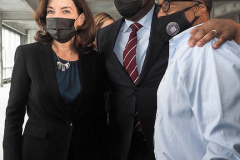 New York State Governor Kathy Hpchul and New York State Lt. Governor Brian Benjamin  at the completion of the $700 million Taystee Lab Building, an 11-story, 350,000 square feet mixed-use development located in West Harlem's Manhattanville Factory District in New York City on 01 March 2022. The former Taystee Bakery site has been repurposed and reimagined as the Taystee Lab Building, a brand-new, Class-A, LEED-certified life sciences building.