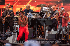 Earth, Wind & Fire play for the crowd attending the "We Love NYC Homecoming Concert" on the Great Lawn in Central Park.  (Photo by Gabriele Holtermann)