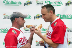Official Weigh - in Ceremony for Nathan's Famous Fourth of July Hot Dog Eating Contest Joey Chestnut and Michele Lesco are the favorites to win the contest. Joey Chestnut is going for his 14th win.