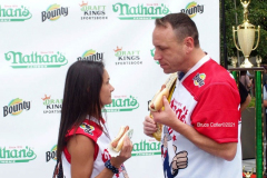 Official Weigh - in Ceremony for Nathan's Famous Fourth of July Hot Dog Eating Contest Joey Chestnut and Michele Lesco are the favorites to win the contest. Joey Chestnut is going for his 14th win.