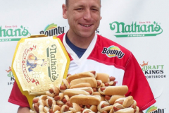 Official Weigh - in Ceremony for Nathan's Famous Fourth of July Hot Dog Eating Contest Joey Chestnut and Michele Lesco are the favorites to win the contest. Joey Chestnut is going for his 14th win.