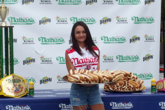 Official Weigh - in Ceremony for Nathan's Famous Fourth of July Hot Dog Eating Contest Joey Chestnut and Michele Lesco are the favorites to win the contest. Joey Chestnut is going for his 14th win.