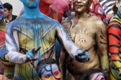 New York 8th annual Body Painting Day.cover 50 artists and models came out to showcase there talent and paint living canvasses after the painting portion of the event they all walked down 5th ave to Washington Square park to pose for photographs and then boarded a Double Decker bus to Bushwick Brooklyn to celebrate.