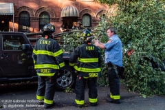 FDNY firefighters of Engine 239/Ladder 122 clear fallen trees on 7th Street in the Park Slope neighborhood of Brooklyn after tropical storm Isaias hit  New York City on August 4, 2020. (Photo by Gabriele Holtermann/Sipa USA)