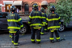 FDNY firefighters of Engine 239/Ladder 122 clear a fallen tree outside a home on 7th Street in the Park Slope neighborhood of Brooklyn after tropical storm Isaias hit  New York City on August 4, 2020. (Photo by Gabriele Holtermann/Sipa USA)