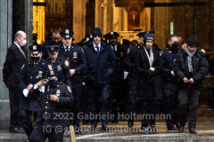 Mourners, including NYPD officers, leave St. Patrick’s Cathedral after the funeral service for NYPD Officer Jason Rivera in New York, New York, on Jan. 28, 2022.  (Photo by Gabriele Holtermann/Sipa USA)