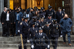 Mourners, including NYPD officers, leave St. Patrick’s Cathedral after the funeral service for NYPD Officer Jason Rivera in New York, New York, on Jan. 28, 2022.  (Photo by Gabriele Holtermann/Sipa USA)
